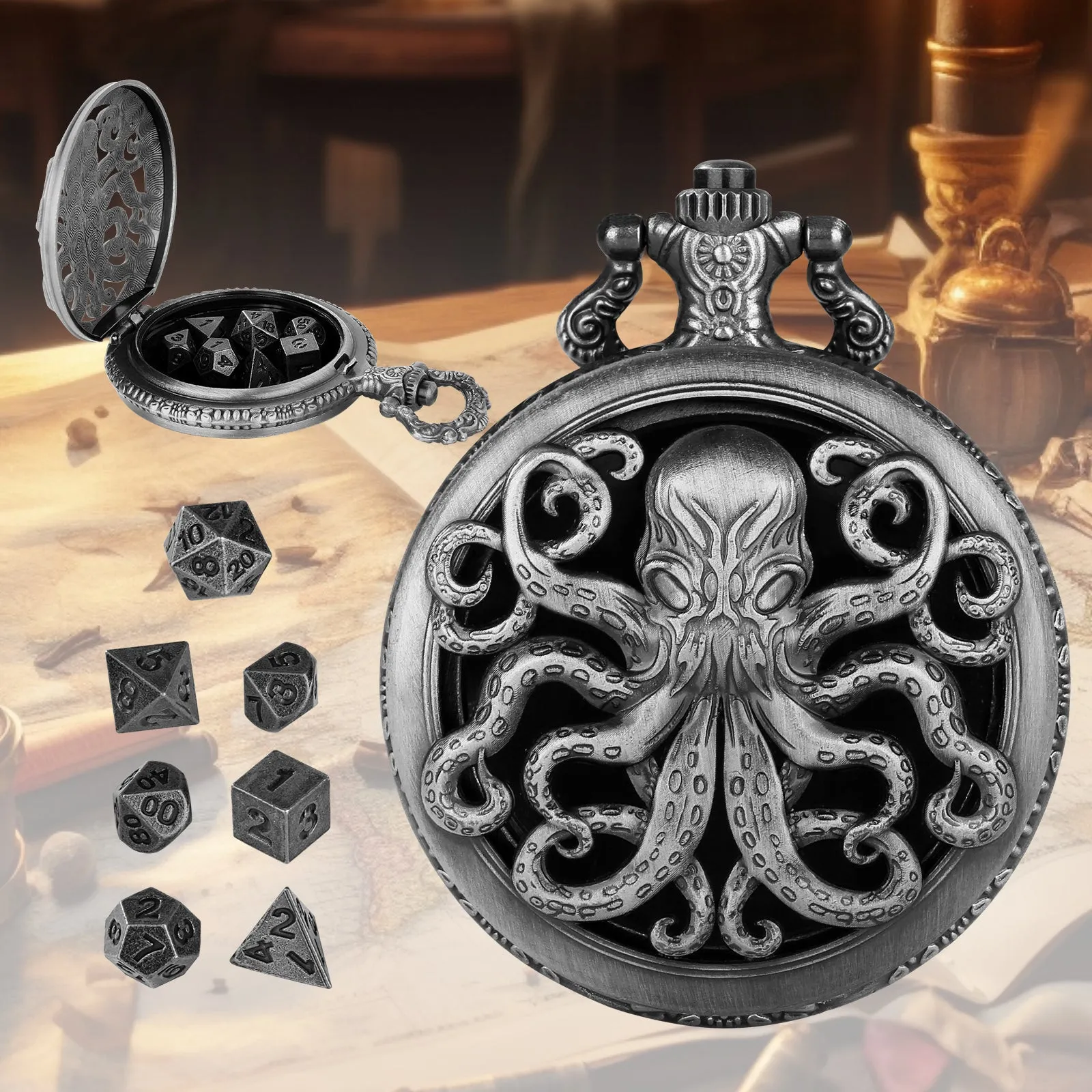 Thick chain octopus pocket watch dice set with seven mini polyhedral metal dice in zinc alloy holder