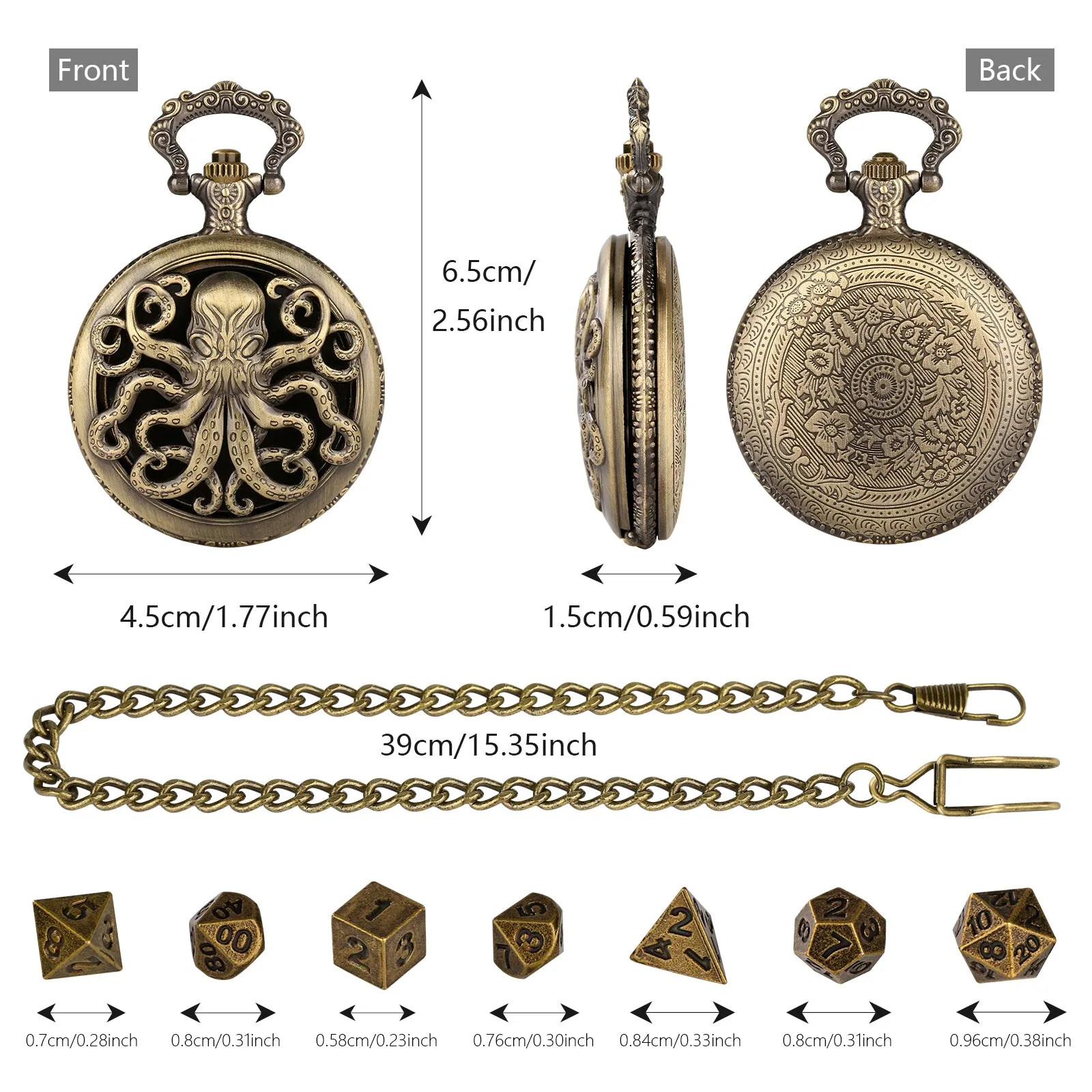 Thick chain octopus pocket watch dice set with seven mini polyhedral metal dice in zinc alloy holder