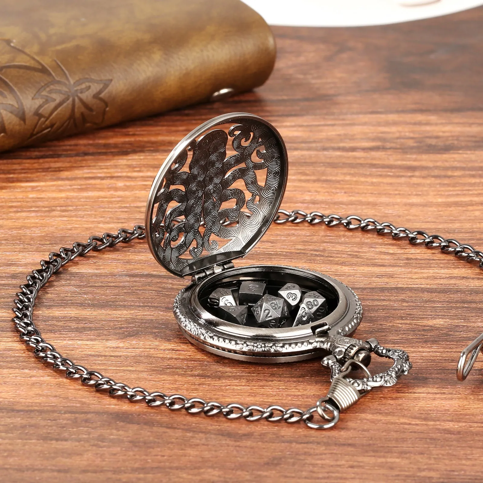 Thick chain octopus pocket watch dice set with seven mini polyhedral metal dice in zinc alloy holder