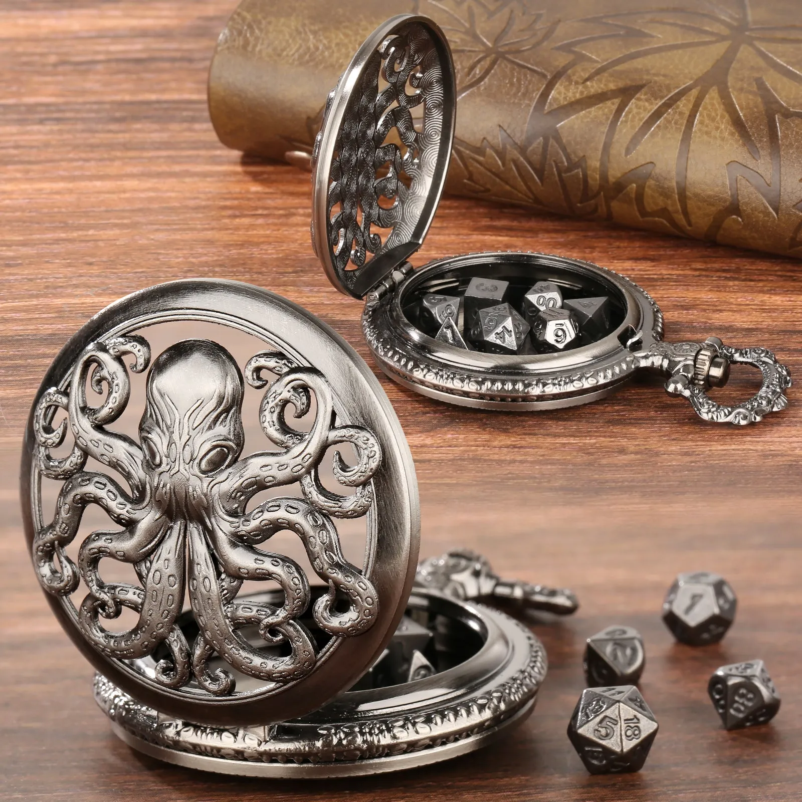 Thick chain octopus pocket watch dice set with seven mini polyhedral metal dice in zinc alloy holder