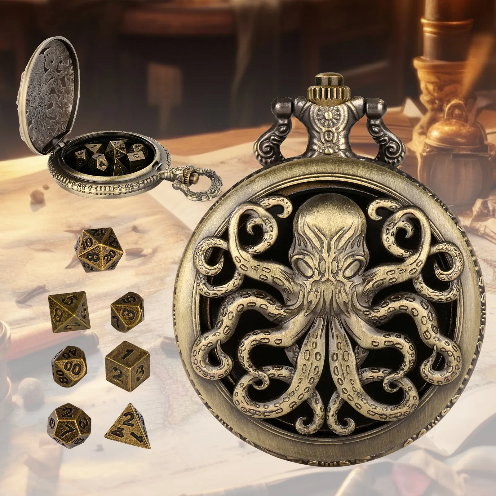 Thick chain octopus pocket watch dice set with seven mini polyhedral metal dice in zinc alloy holder