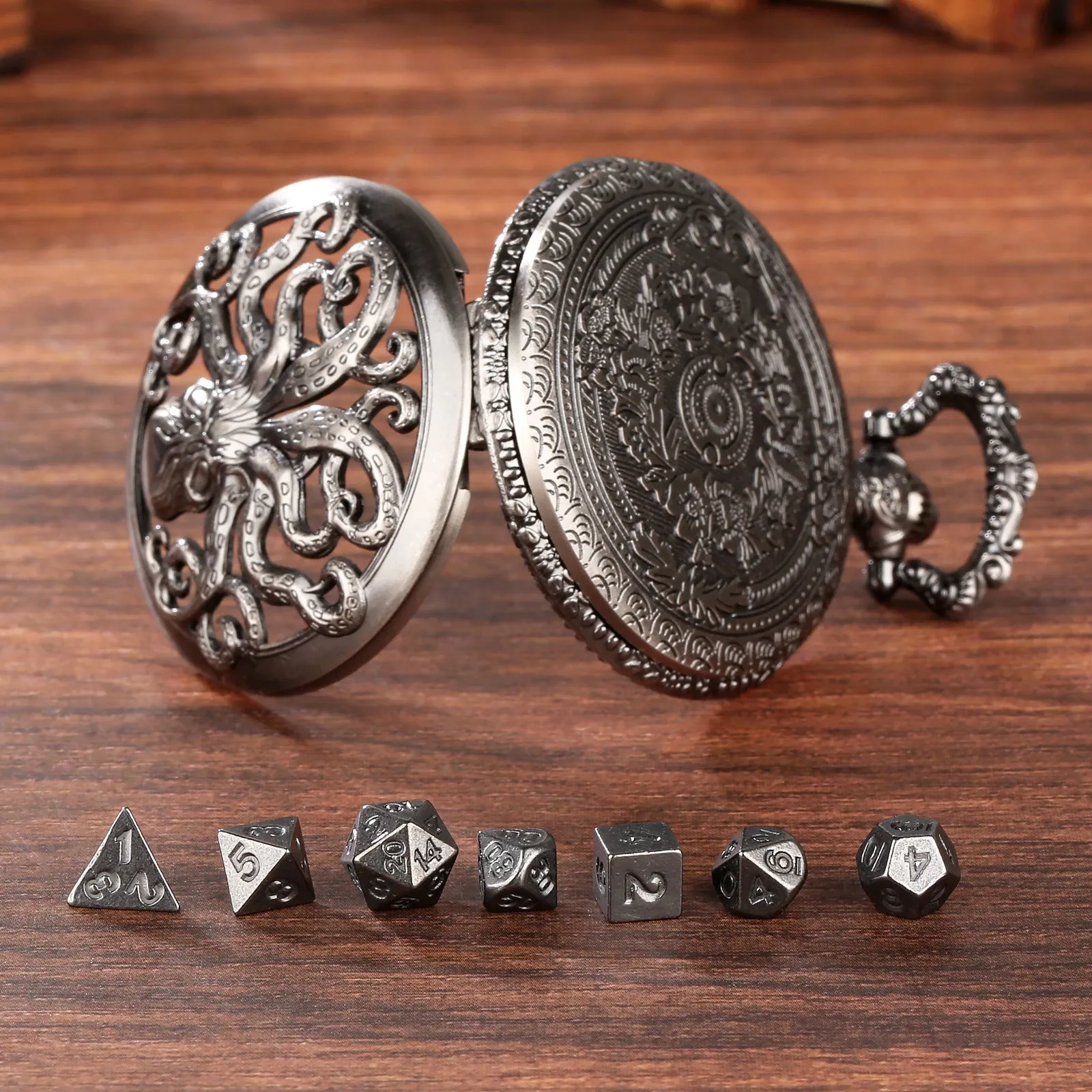 Thick chain octopus pocket watch dice set with seven mini polyhedral metal dice in zinc alloy holder