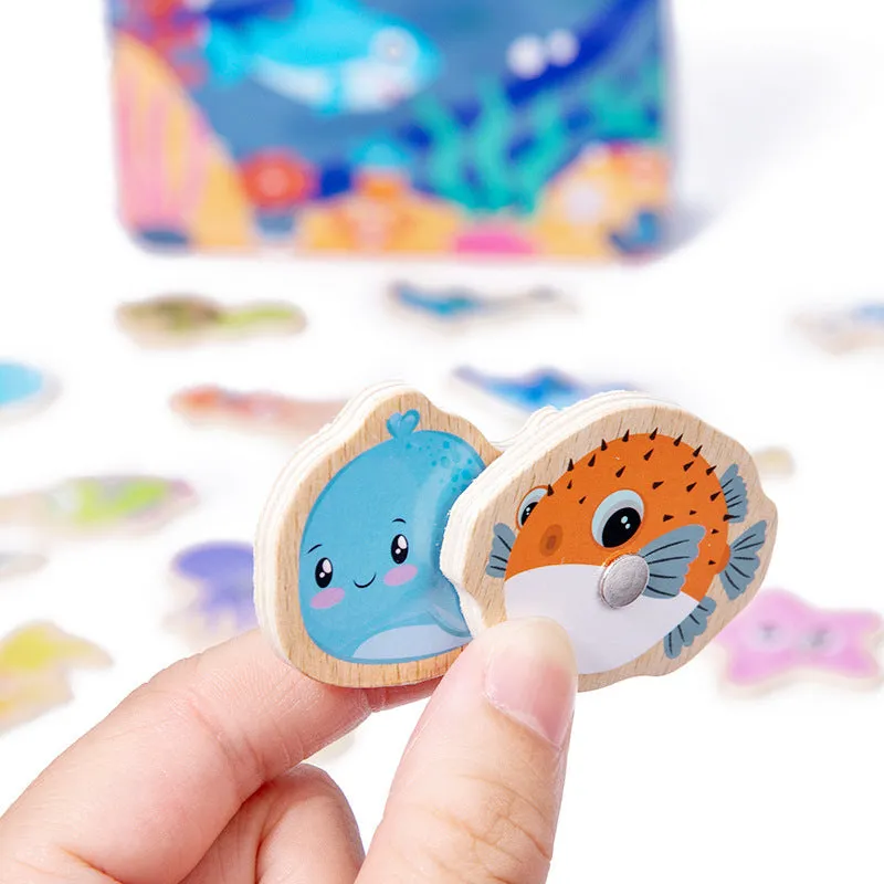 Children's magnetic fishing toy wooden set with 20 fish and 1 rod in iron box for infants