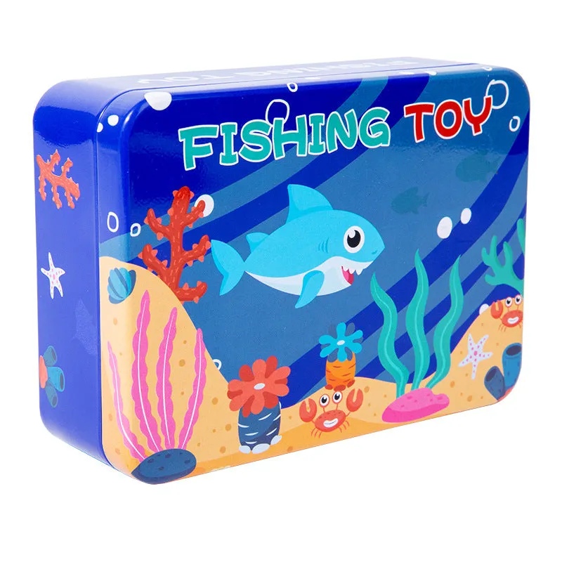 Children's magnetic fishing toy wooden set with 20 fish and 1 rod in iron box for infants