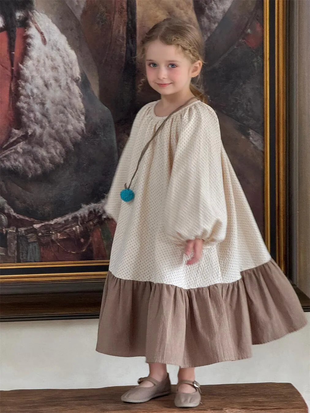Cotton polka dot ruffled girl's dress with long sleeves, flounced skirt, retro style, spring wear