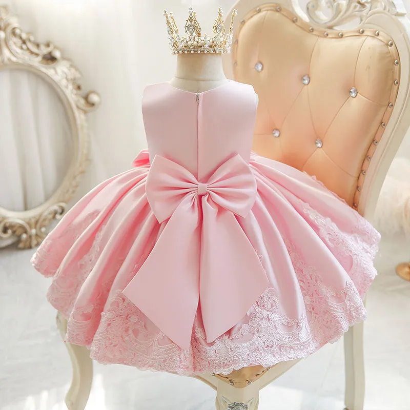 Baby flower girl dress in white with large big bow, princess style, 80-140cm polyester