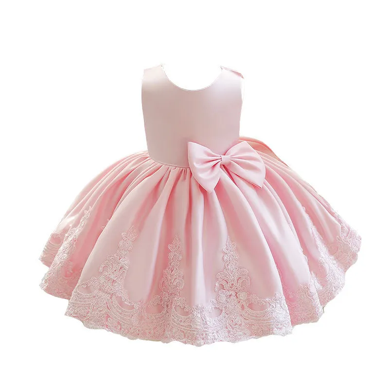 Baby flower girl dress in white with large big bow, princess style, 80-140cm polyester