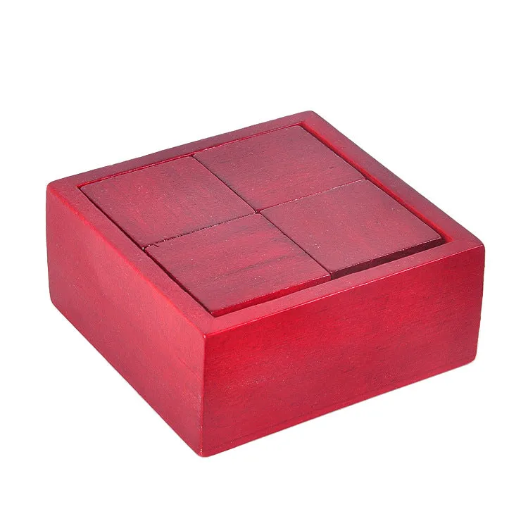 Red wooden magic box with Kong Ming Lock, 9.5cm size, angled view showing box and puzzle lock