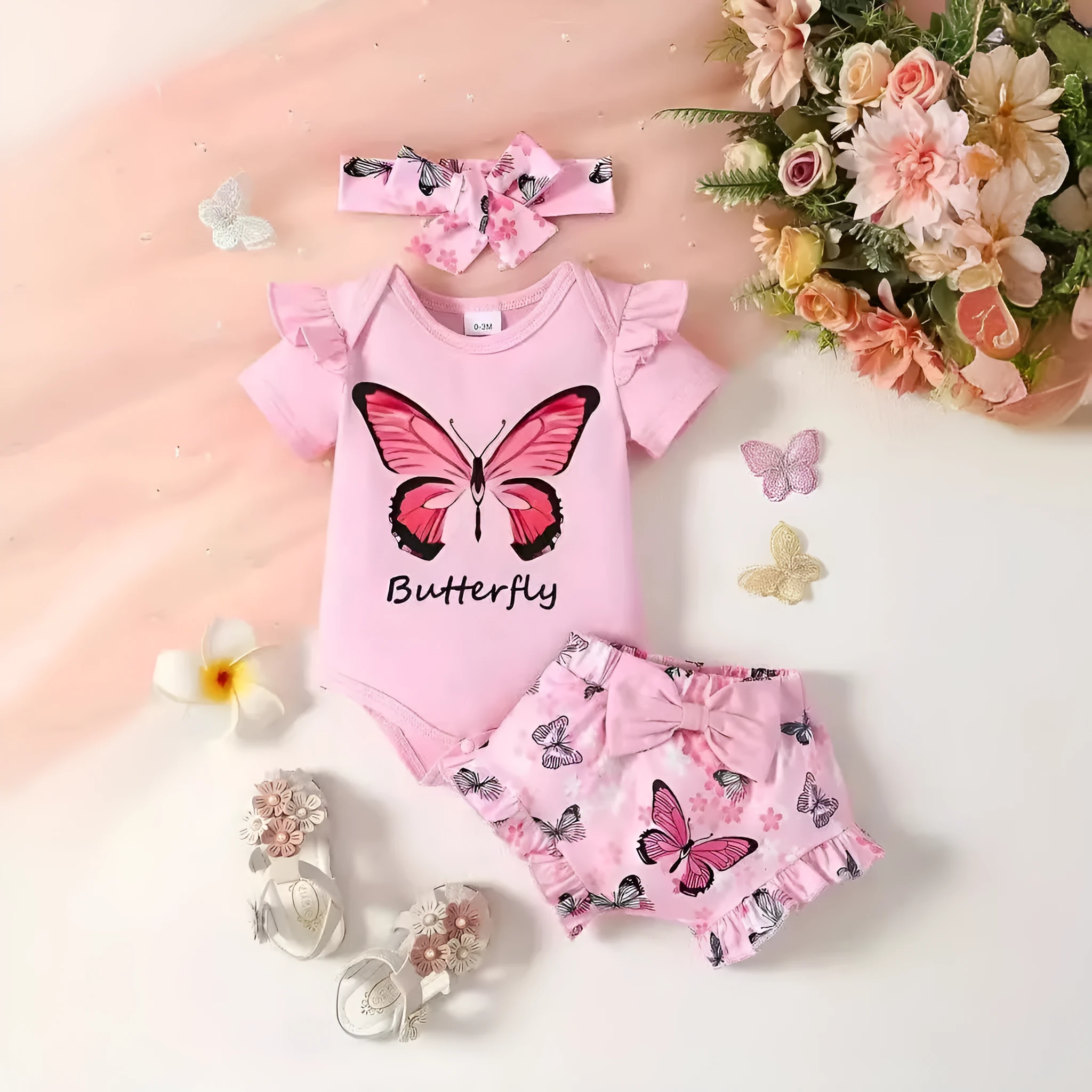 Baby girl summer short sleeve butterfly print polyester two-piece suit in peach colour on white background