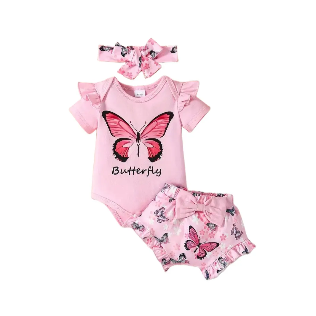 Baby girl summer short sleeve butterfly print polyester two-piece suit in peach colour on white background