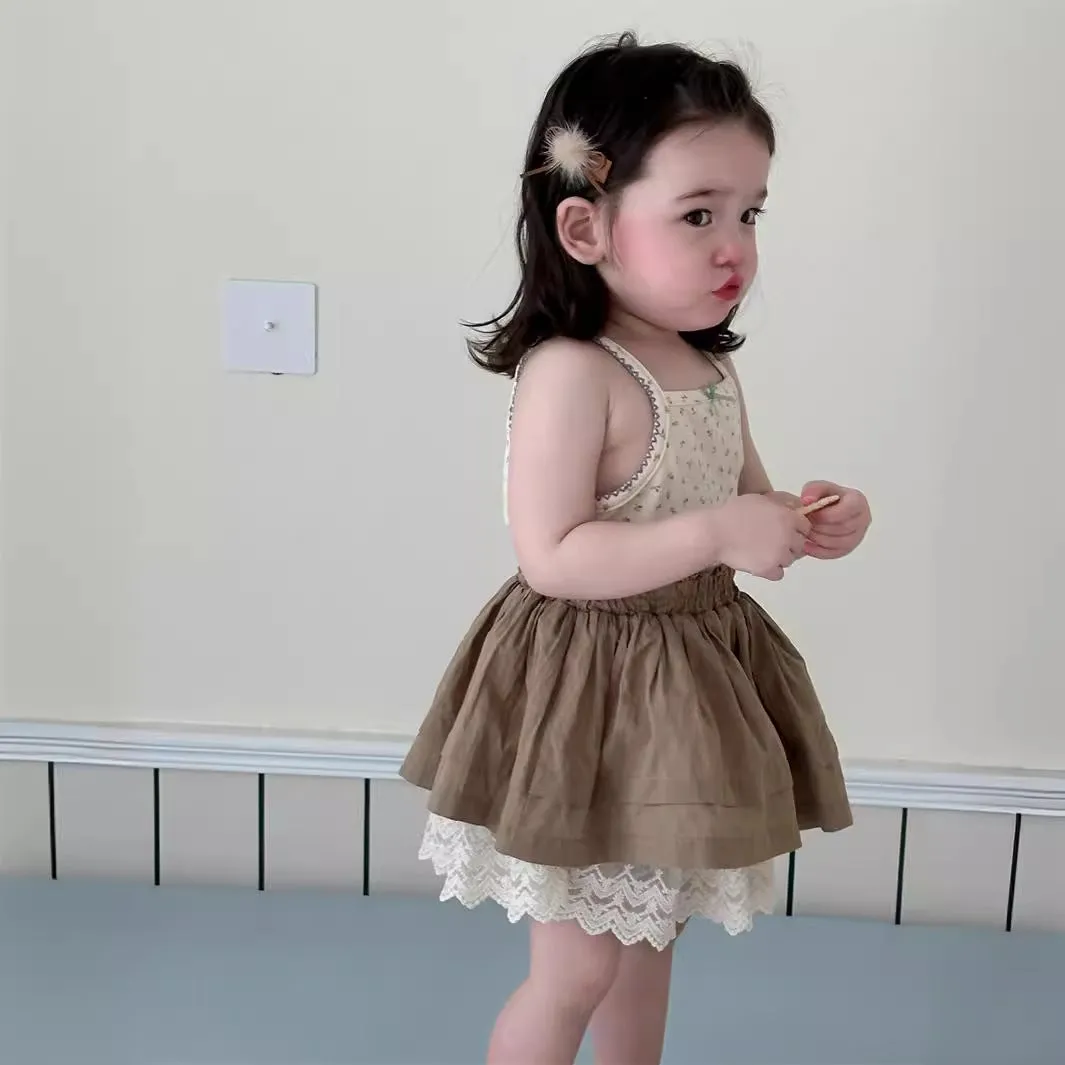 Summer baby cotton skirt suit set in Korean style with floral camisole and brown skirt, available in sizes 73-100cm height