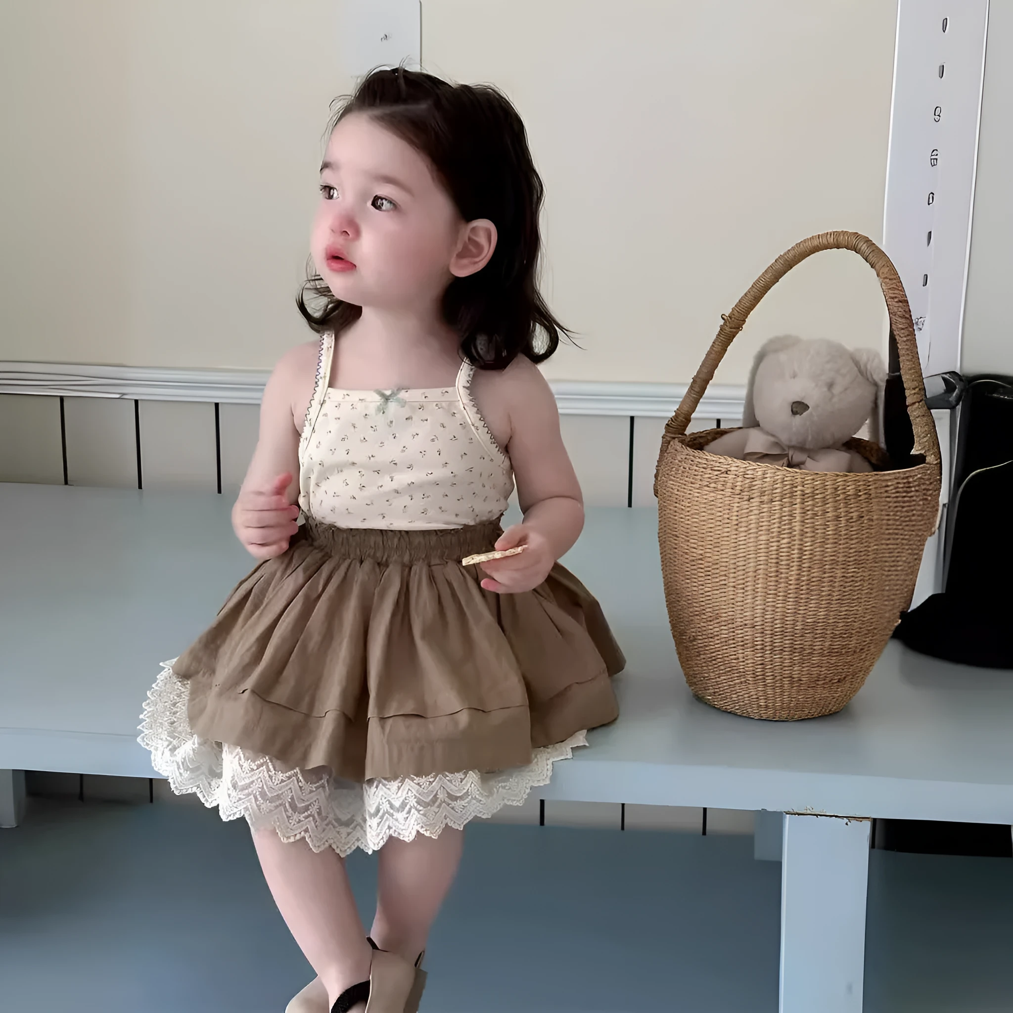 Summer baby cotton skirt suit set in Korean style with floral camisole and brown skirt, available in sizes 73-100cm height