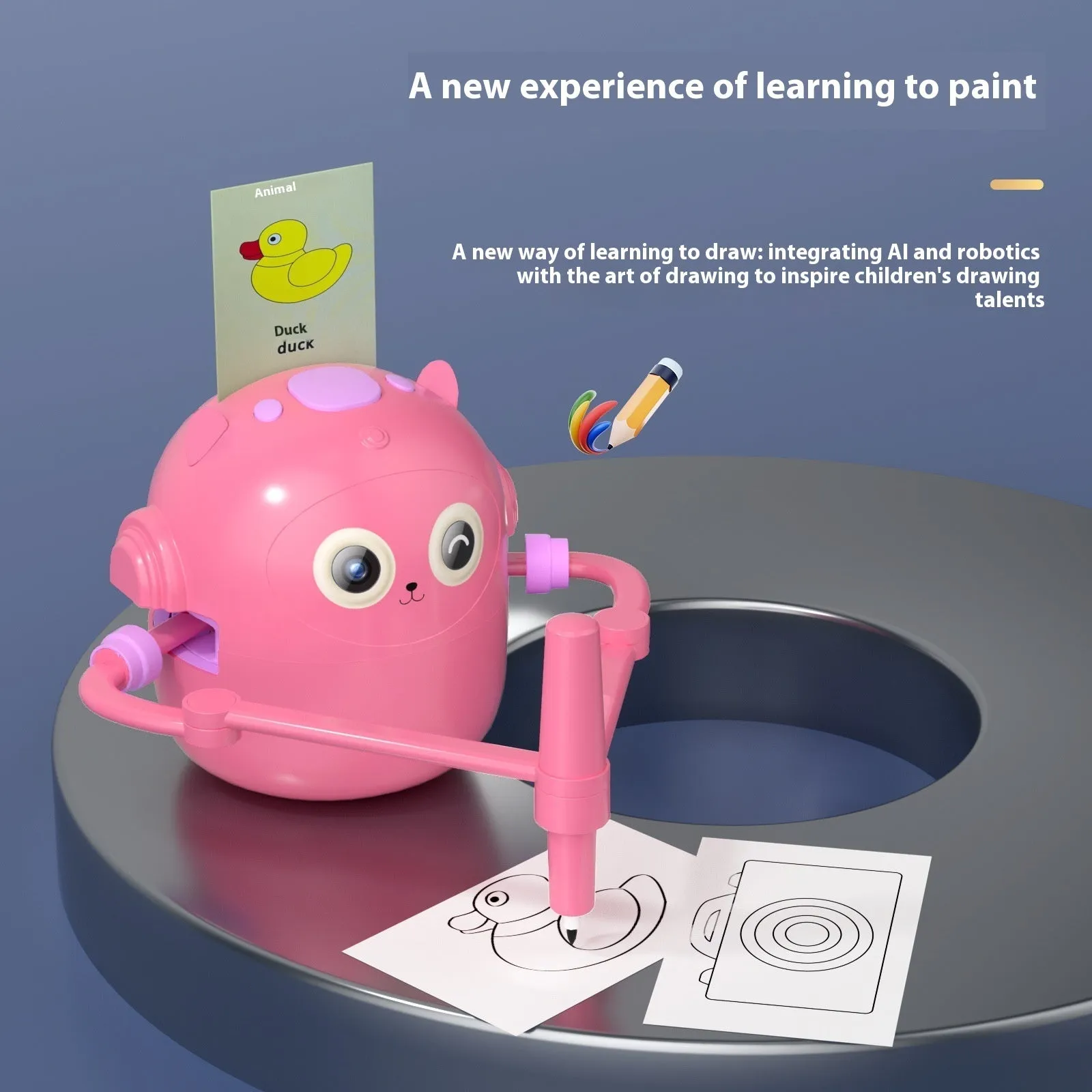 Lake blue plastic early education automatic painting robot with robotic arm and drawing cards for children 3-8 years old