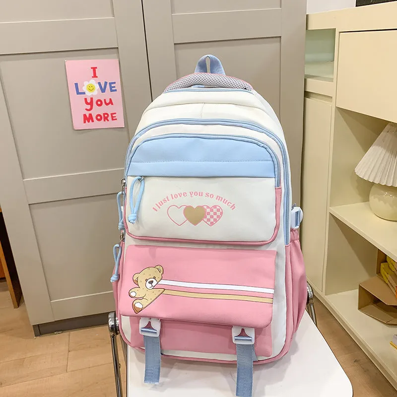 Nylon burden alleviation backpack for girls in pink long leg cloud design with outer sandwich pocket and stitching details