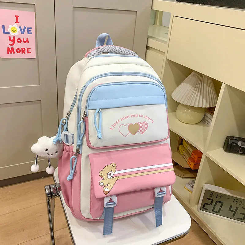 Nylon burden alleviation backpack for girls in pink long leg cloud design with outer sandwich pocket and stitching details