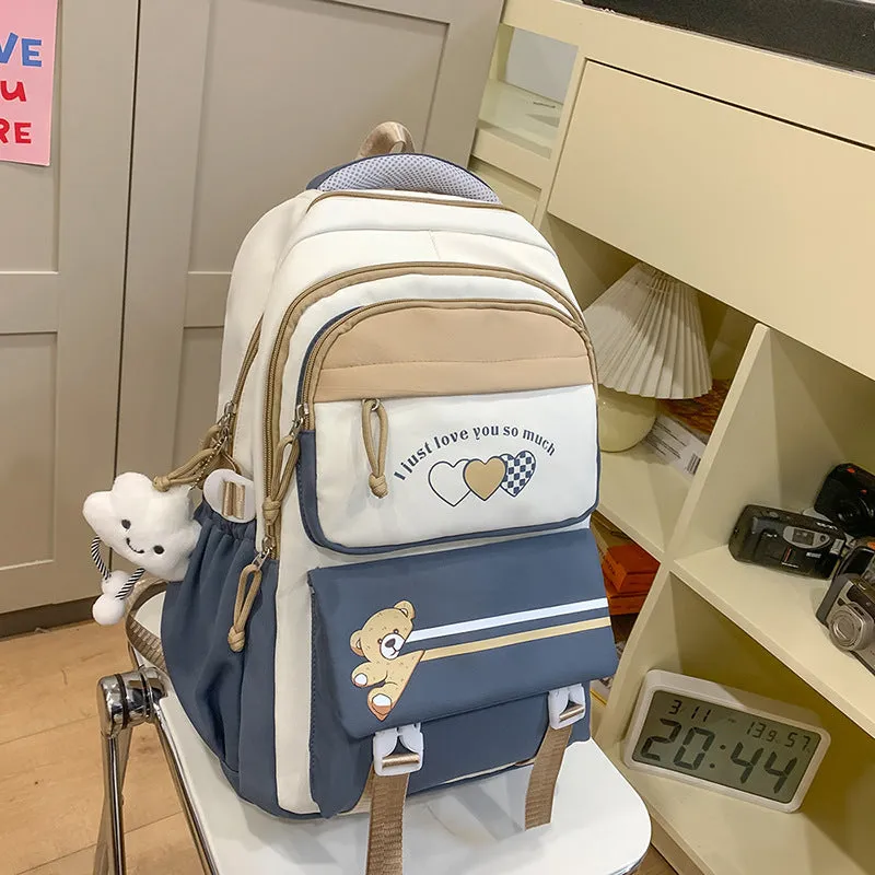 Nylon burden alleviation backpack for girls in pink long leg cloud design with outer sandwich pocket and stitching details