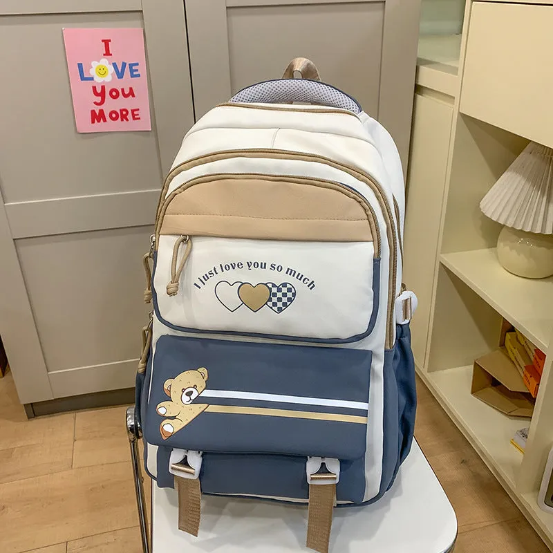 Nylon burden alleviation backpack for girls in pink long leg cloud design with outer sandwich pocket and stitching details