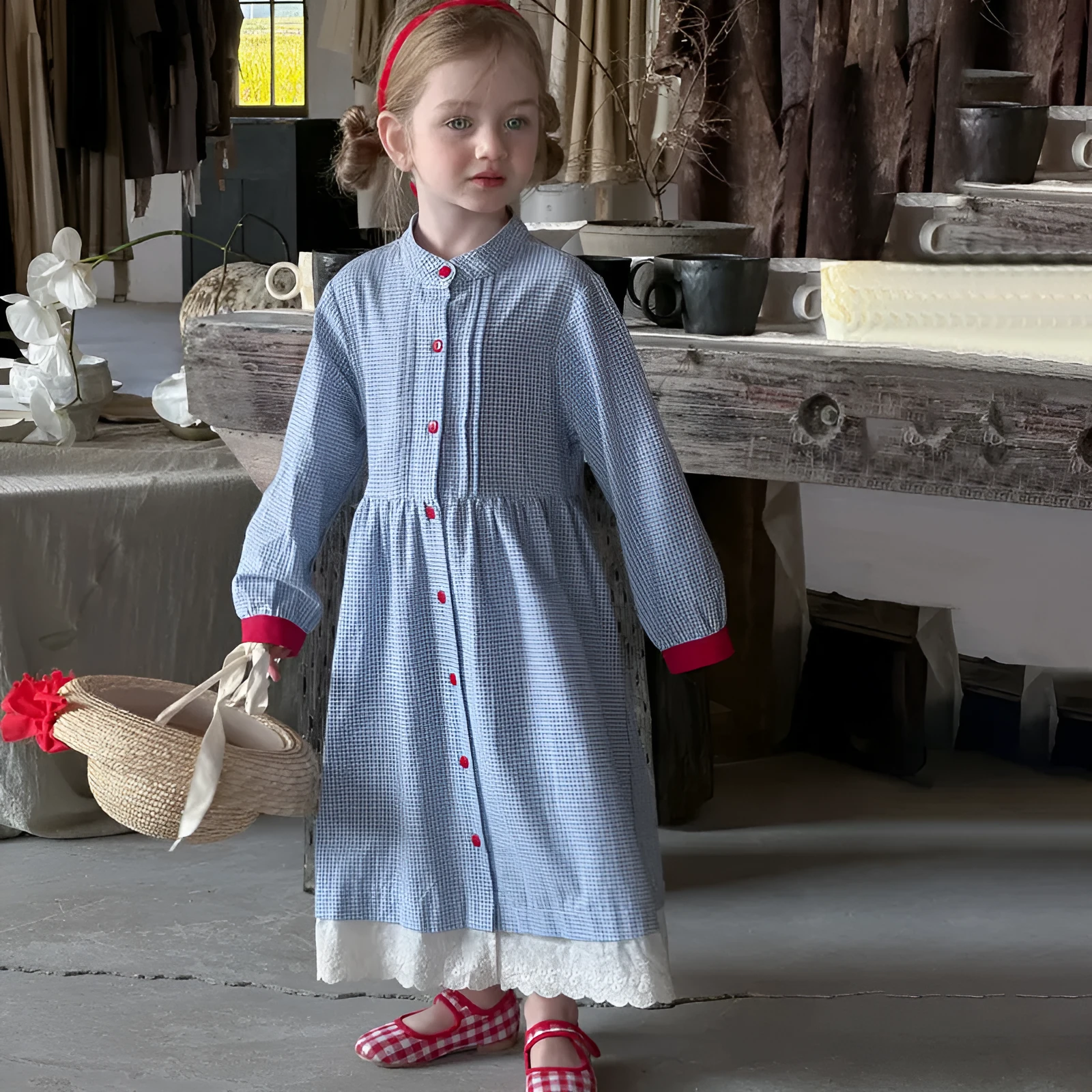 Blue plaid overknee cotton dress for girls, retro style, suitable for height 90-130cm