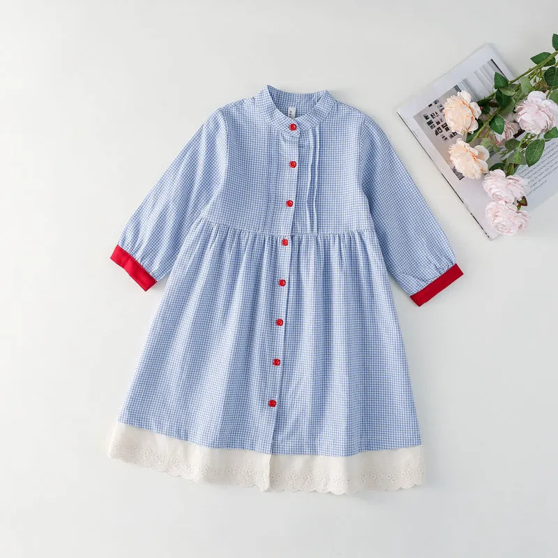 Blue plaid overknee cotton dress for girls, retro style, suitable for height 90-130cm