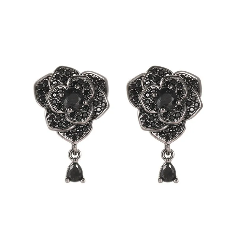 Black rose zircon floral stud earrings with 18K gold electroplating