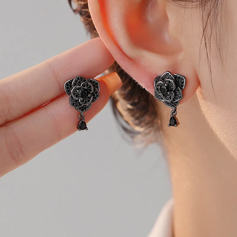 Black rose zircon floral stud earrings with 18K gold electroplating