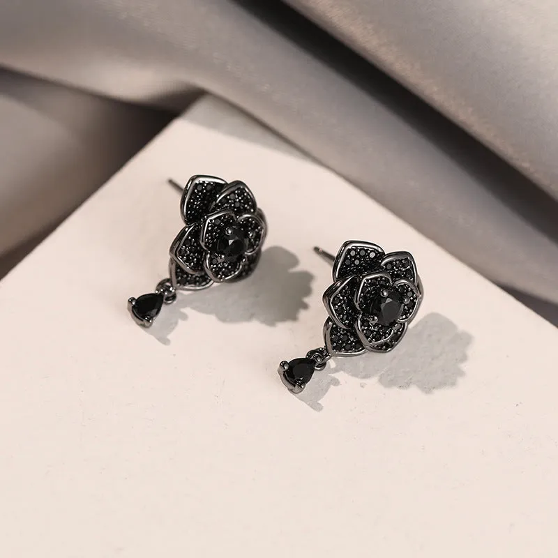 Black rose zircon floral stud earrings with 18K gold electroplating