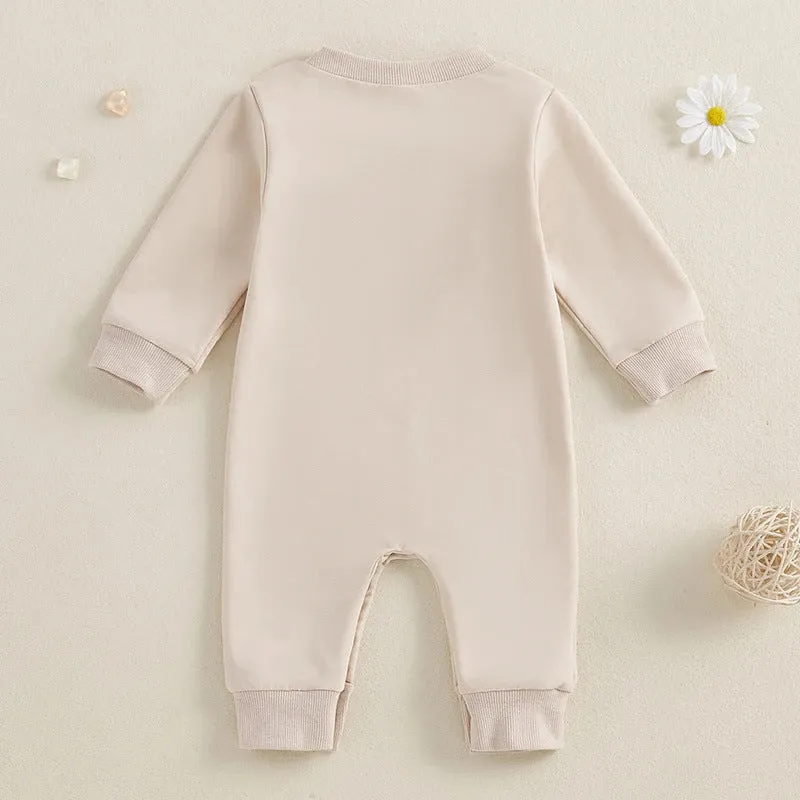 Apricot cotton baby jumpsuit with long sleeves and hide hooks closure for girls 0-18 months