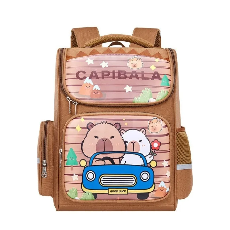 Capabala primary school backpack with spine protection, waterproof fabric, and air pillow belt in car brown colour