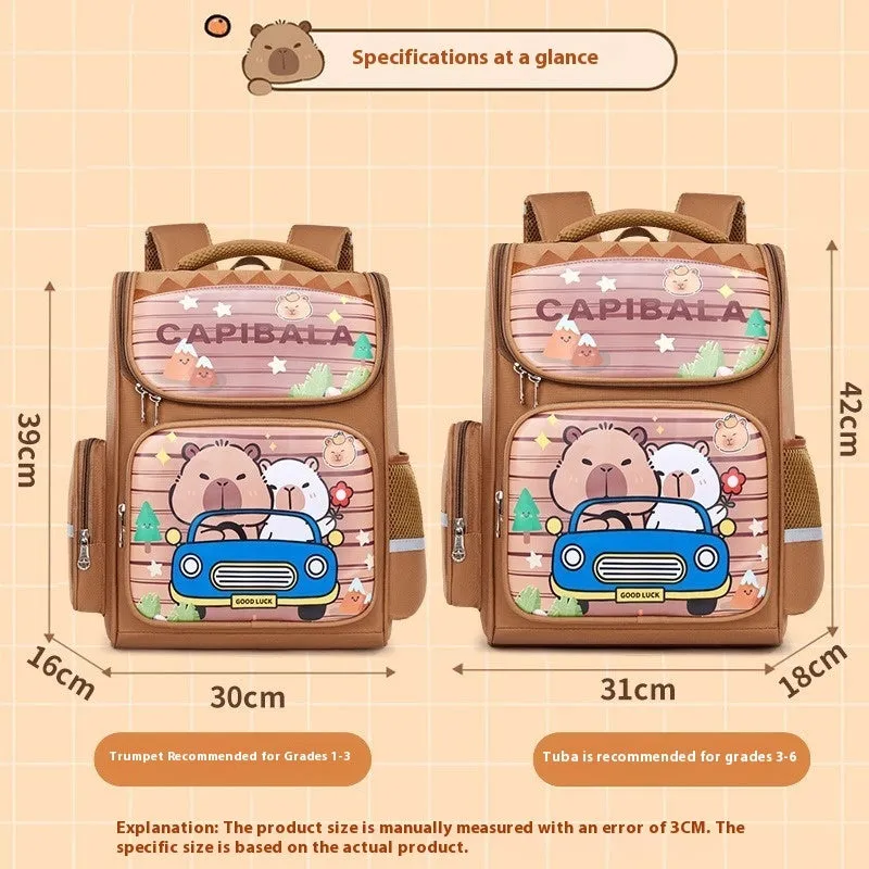 Capabala primary school backpack with spine protection, waterproof fabric, and air pillow belt in car brown colour