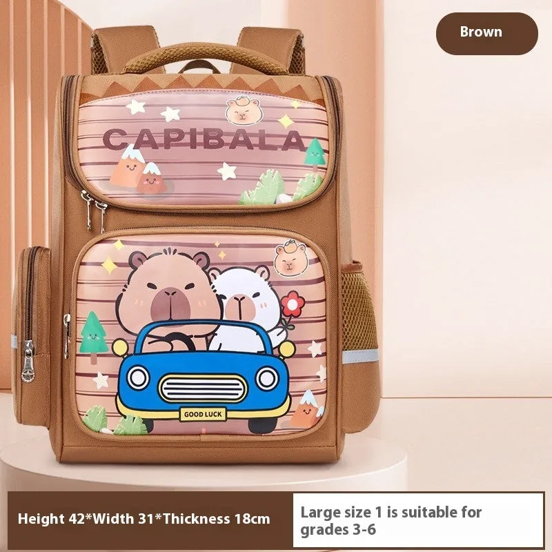Capabala primary school backpack with spine protection, waterproof fabric, and air pillow belt in car brown colour
