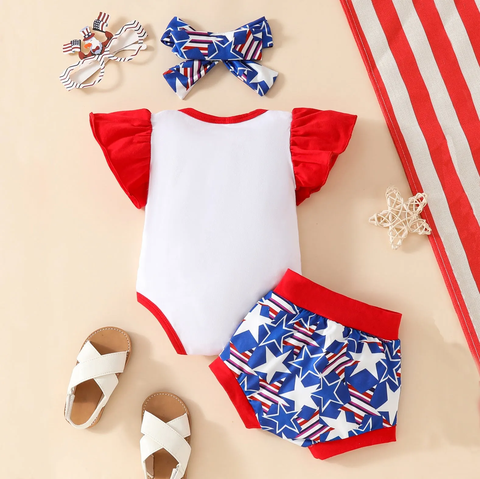 Baby sleeveless shorts suit three-piece set in blue and red, knitted polyester, with matching headscarf for infants 0-18 months