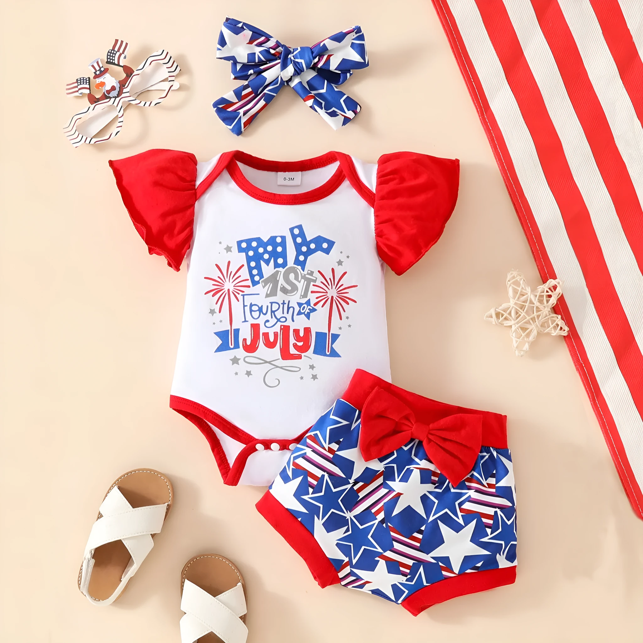 Baby sleeveless shorts suit three-piece set in blue and red, knitted polyester, with matching headscarf for infants 0-18 months