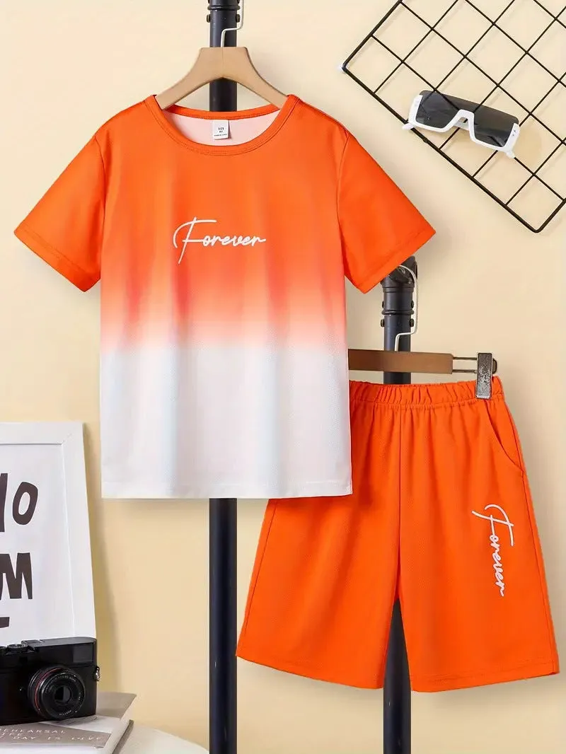 Boys casual summer cotton blend short sleeve T-shirt and shorts two-piece set with cartoon pattern