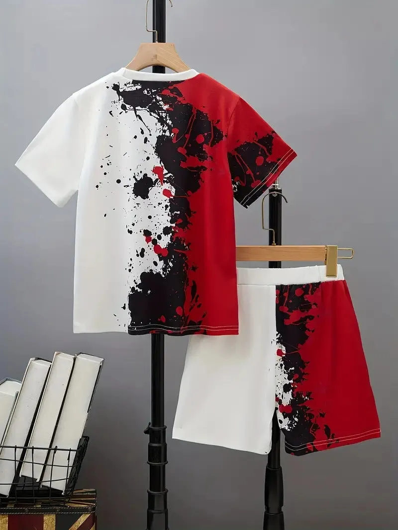 Boys casual summer cotton blend short sleeve T-shirt and shorts two-piece set with cartoon pattern