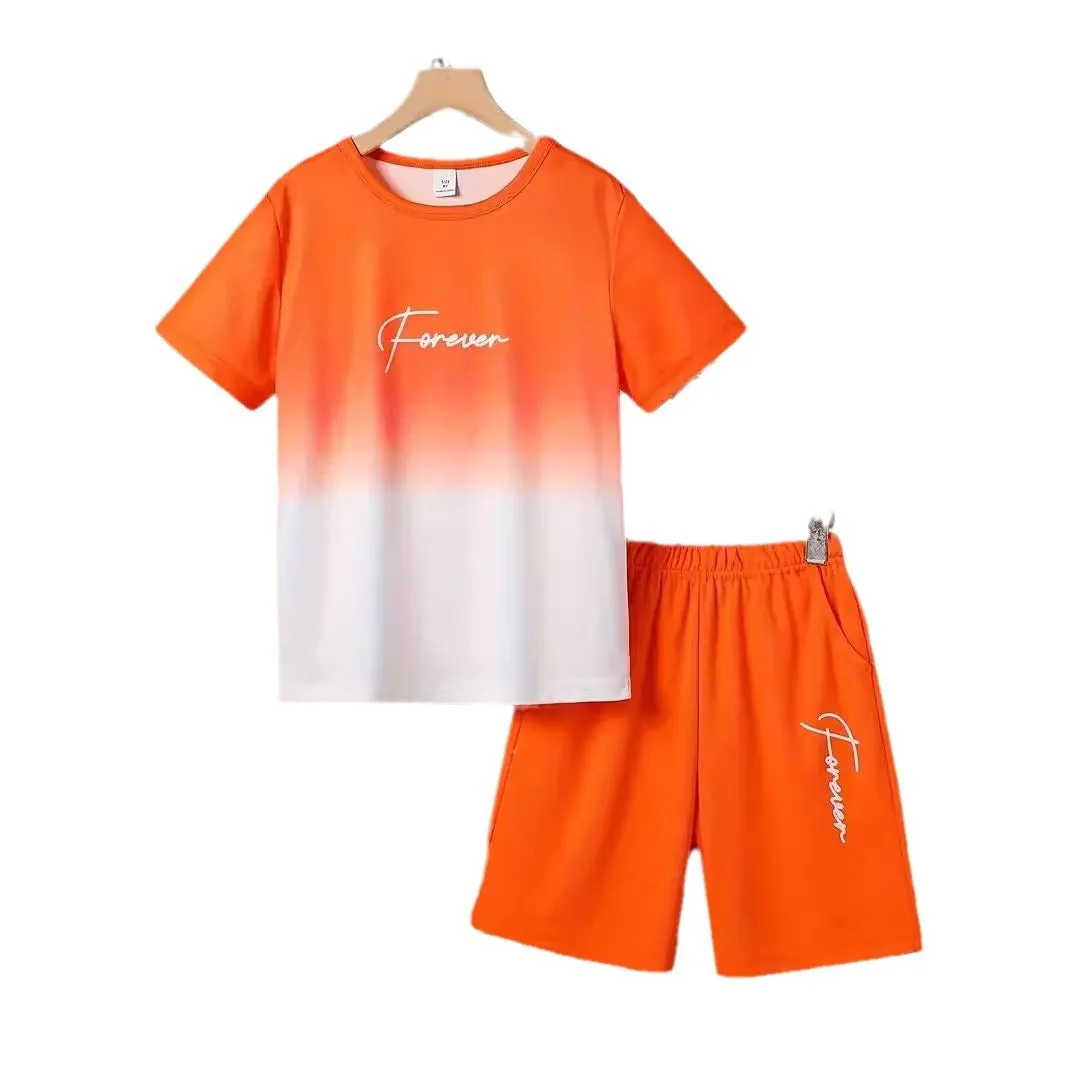 Boys casual summer cotton blend short sleeve T-shirt and shorts two-piece set with cartoon pattern