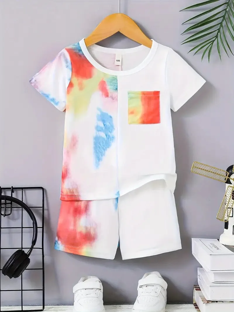 Boys casual summer cotton blend short sleeve T-shirt and shorts two-piece set with cartoon pattern