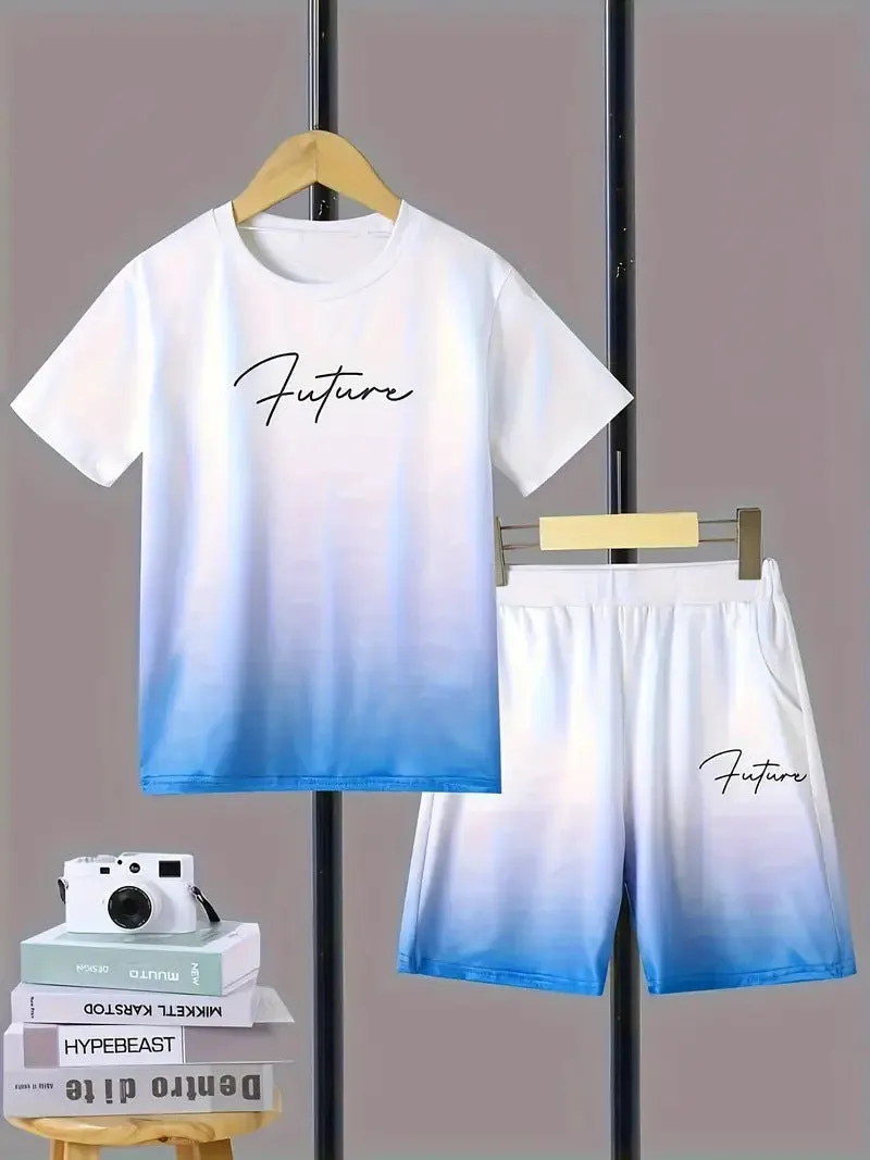 Boys casual summer cotton blend short sleeve T-shirt and shorts two-piece set with cartoon pattern