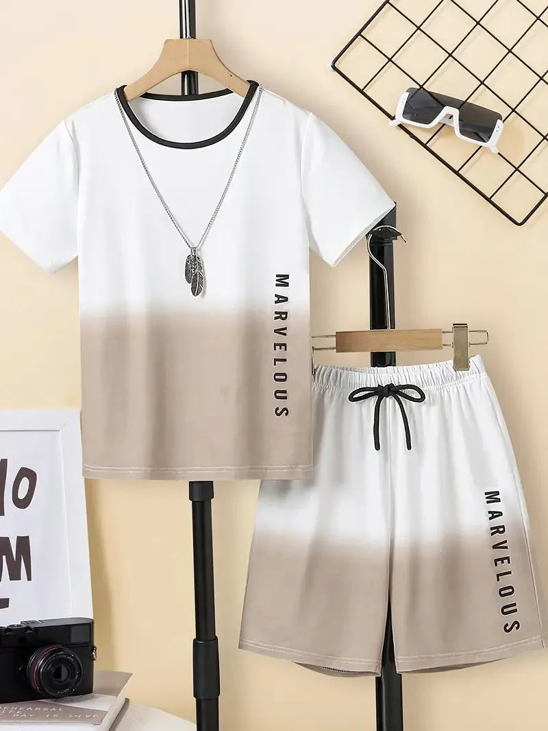 Boys casual summer cotton blend short sleeve T-shirt and shorts two-piece set with cartoon pattern