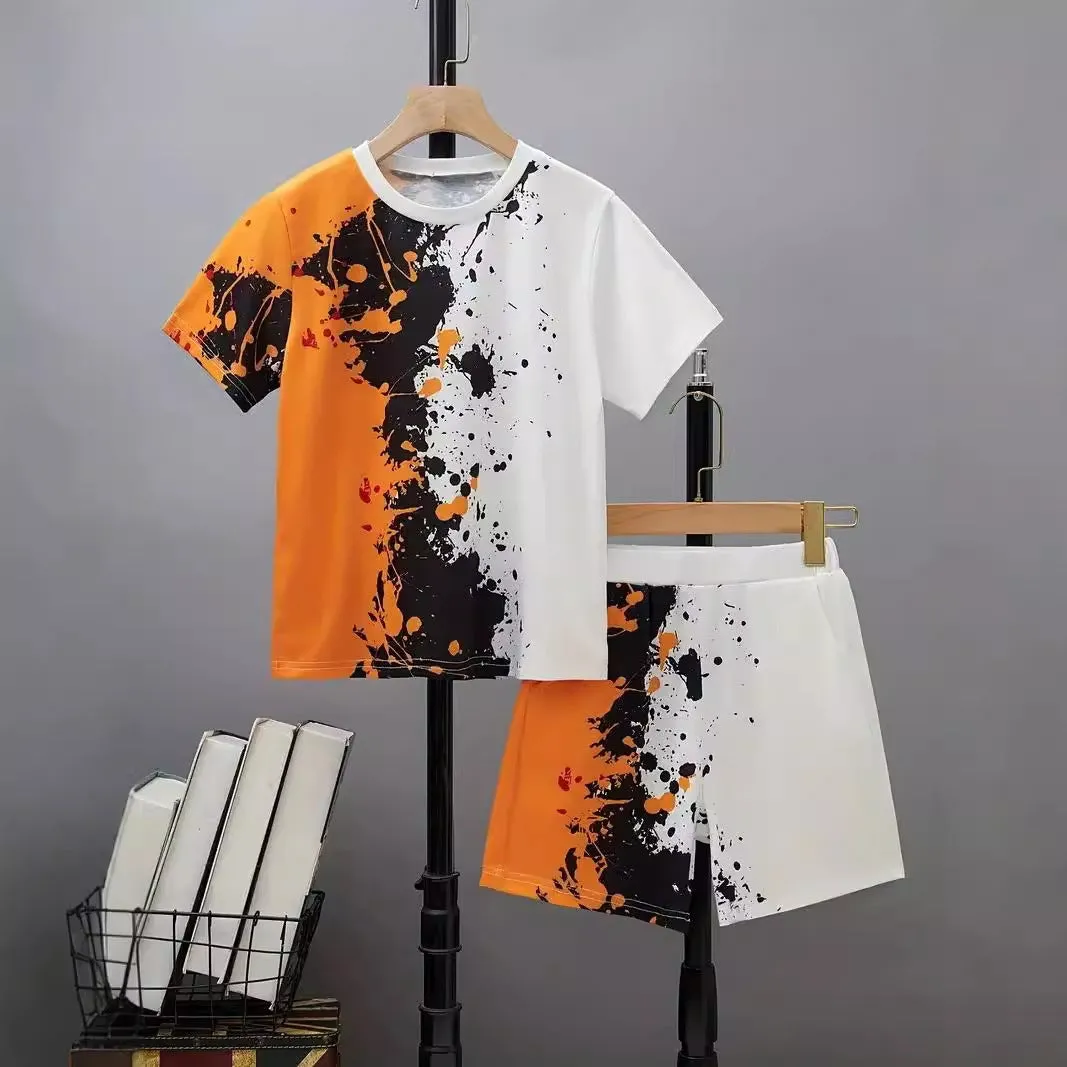 Boys casual summer cotton blend short sleeve T-shirt and shorts two-piece set with cartoon pattern