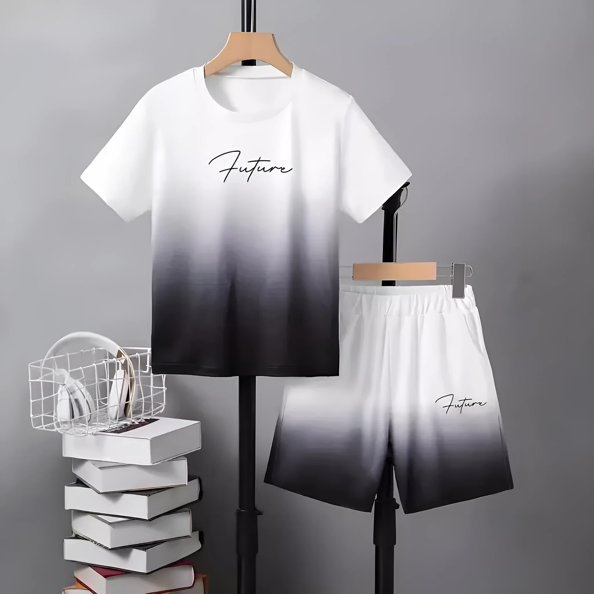 Boys casual summer cotton blend short sleeve T-shirt and shorts two-piece set with cartoon pattern