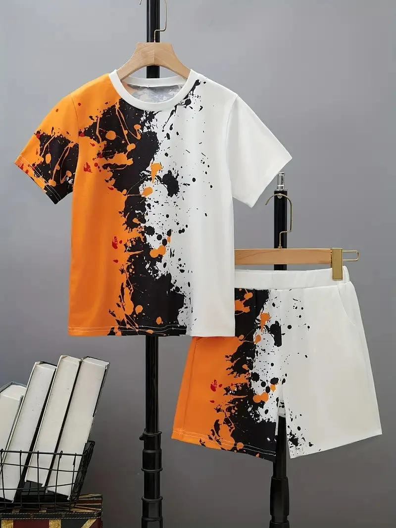 Boys casual summer cotton blend short sleeve T-shirt and shorts two-piece set with cartoon pattern