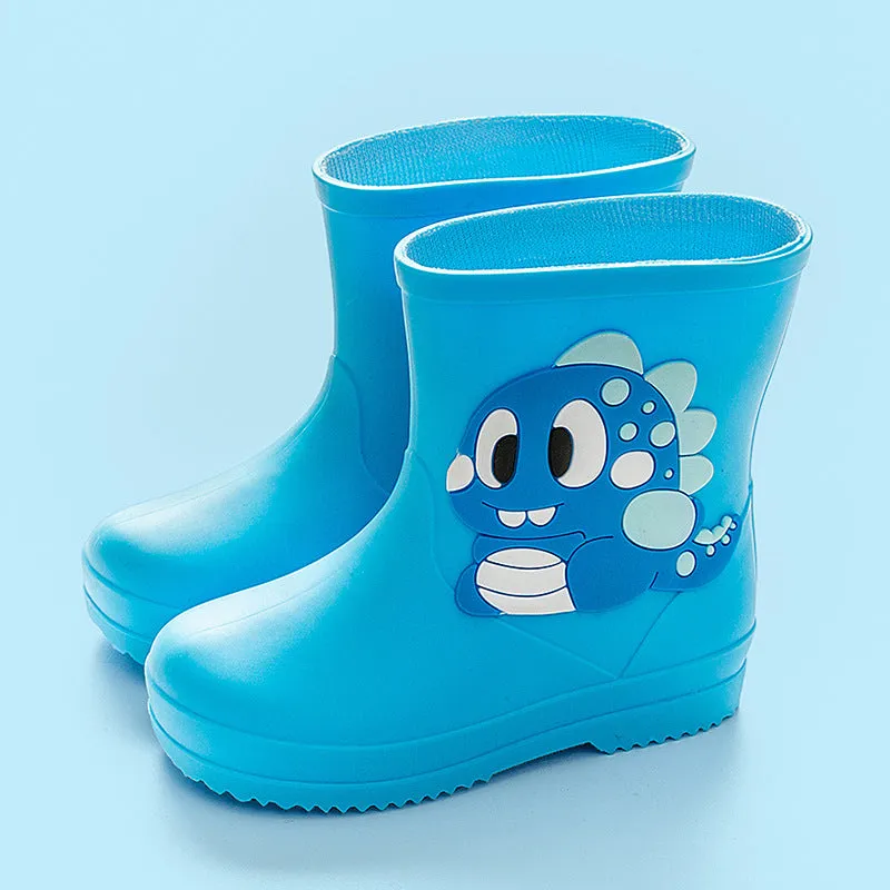 Children's cute waterproof PVC rain boots with cartoon dinosaur pattern in blue, pink, and yellow