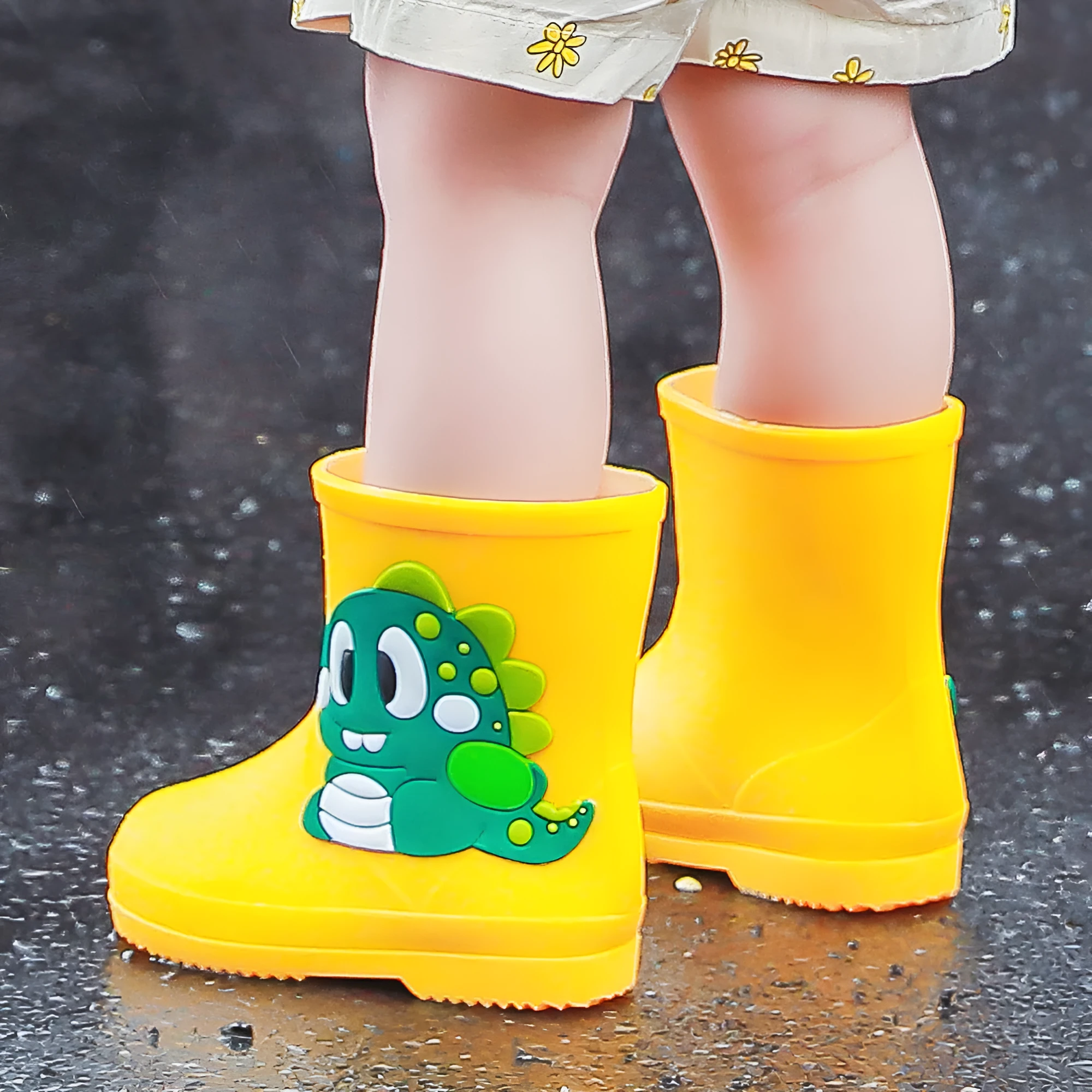 Children's cute waterproof PVC rain boots with cartoon dinosaur pattern in blue, pink, and yellow