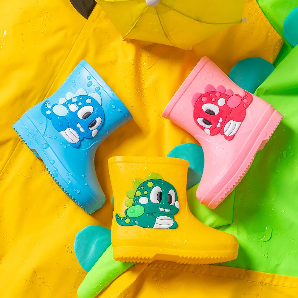 Children's cute waterproof PVC rain boots with cartoon dinosaur pattern in blue, pink, and yellow