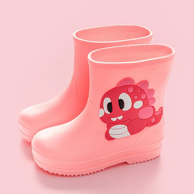 Children's cute waterproof PVC rain boots with cartoon dinosaur pattern in blue, pink, and yellow