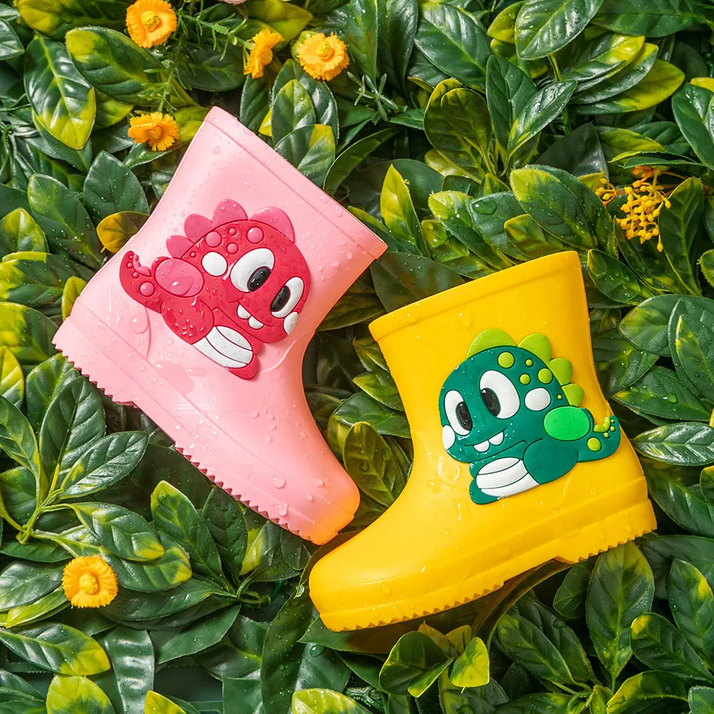 Children's cute waterproof PVC rain boots with cartoon dinosaur pattern in blue, pink, and yellow