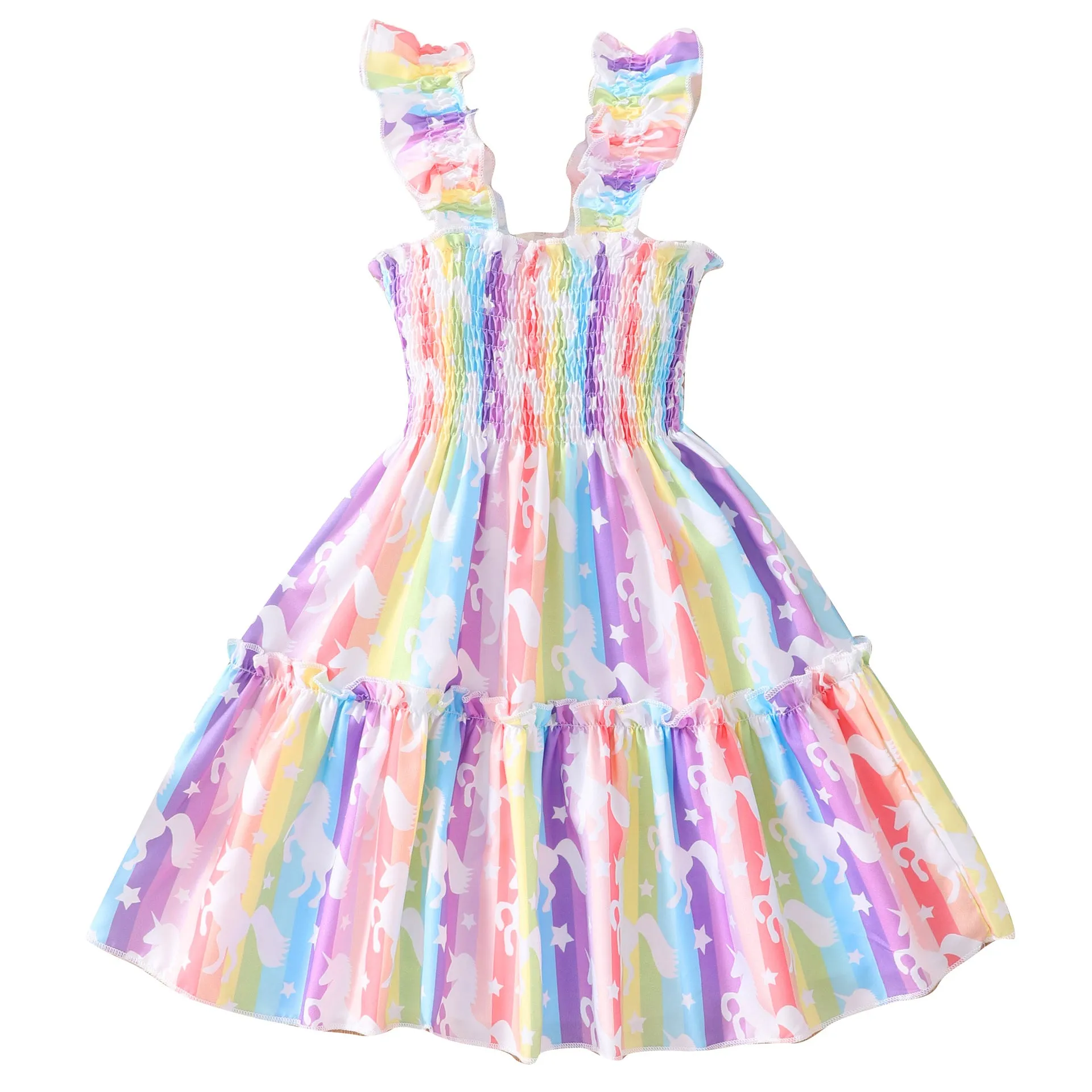 Children sleeveless smocking multicolor dress with leopard print butterfly and rainbow design for girls ages 2-7