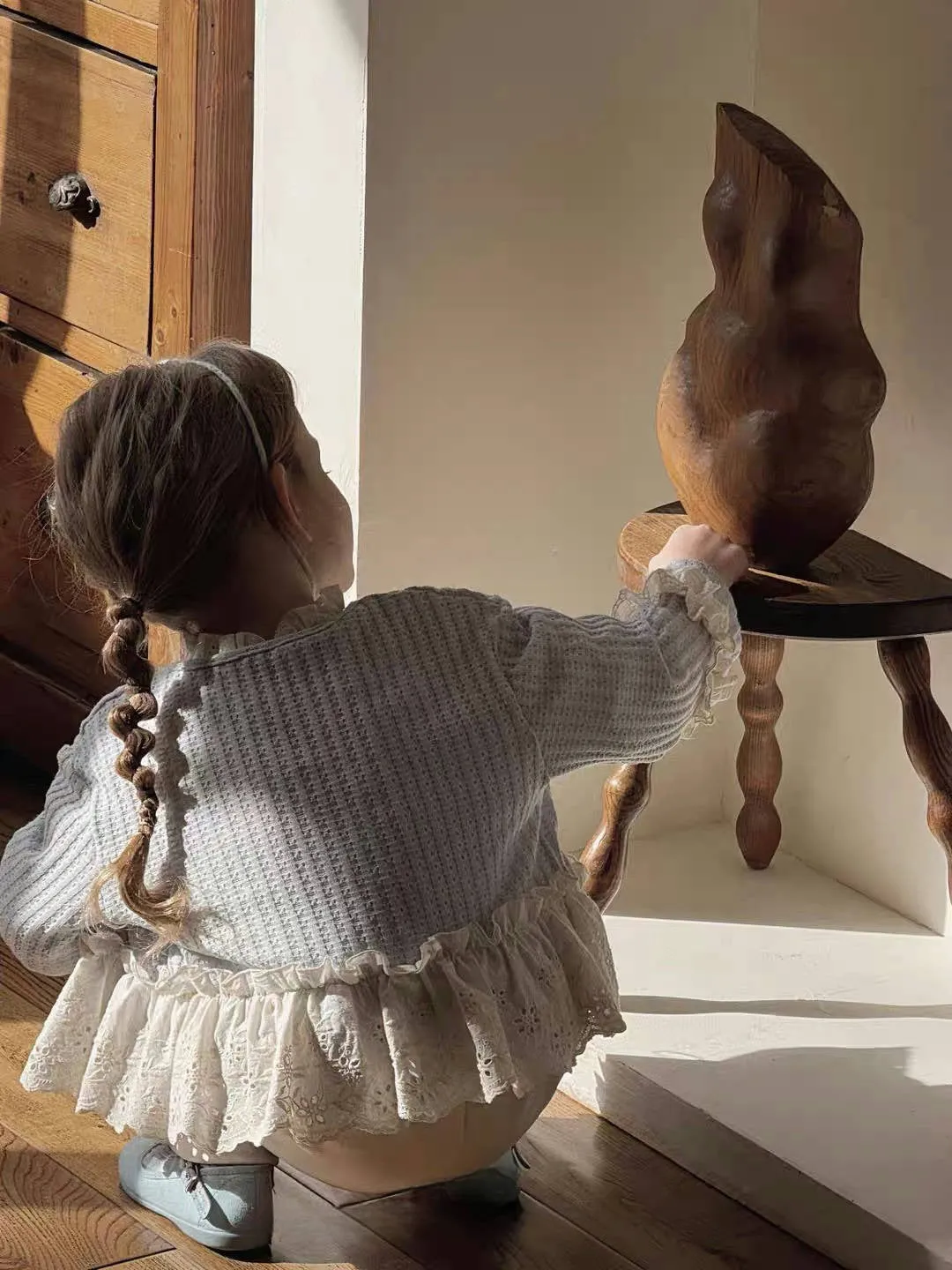 Girls' mori style three-piece suit with knitted cardigan, beige shirt, and patchwork wide-leg pants