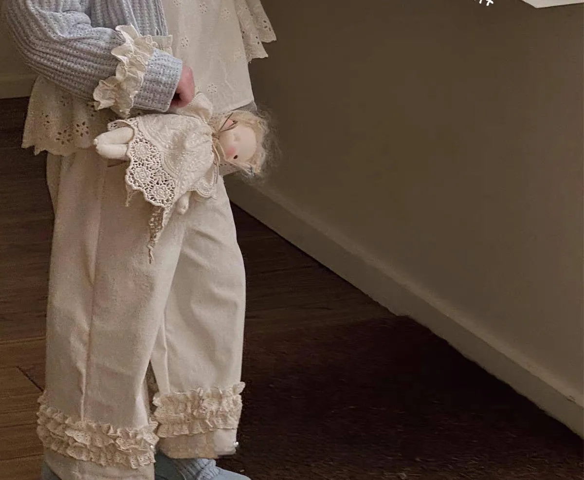 Girls' mori style three-piece suit with knitted cardigan, beige shirt, and patchwork wide-leg pants