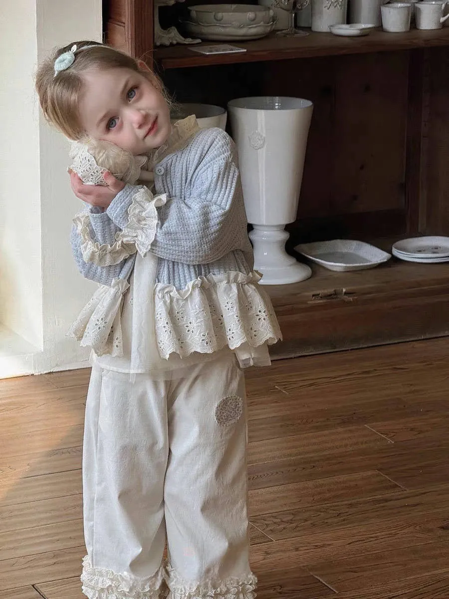 Girls' mori style three-piece suit with knitted cardigan, beige shirt, and patchwork wide-leg pants